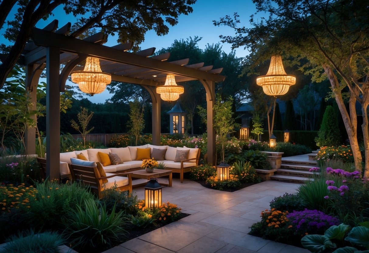21+ Garden Ideas with Outdoor Chandeliers: Stunning Designs to Elevate Your US Backyard 2 An outdoor garden seating area illuminated by hanging chandeliers among trees and plants during early evening.