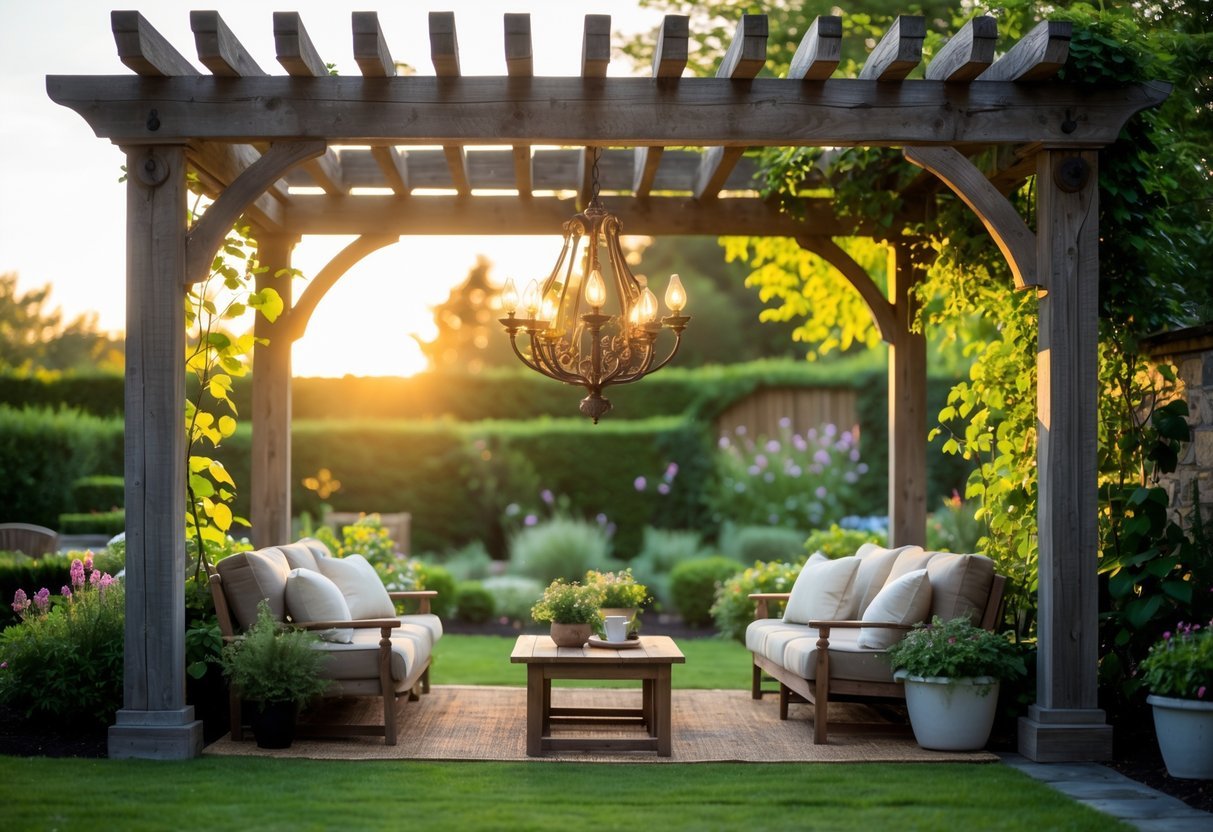 21+ Garden Ideas with Outdoor Chandeliers: Stunning Designs to Elevate Your US Backyard 3 A wooden pergola in a garden with a hanging chandelier and outdoor seating surrounded by plants and flowers.