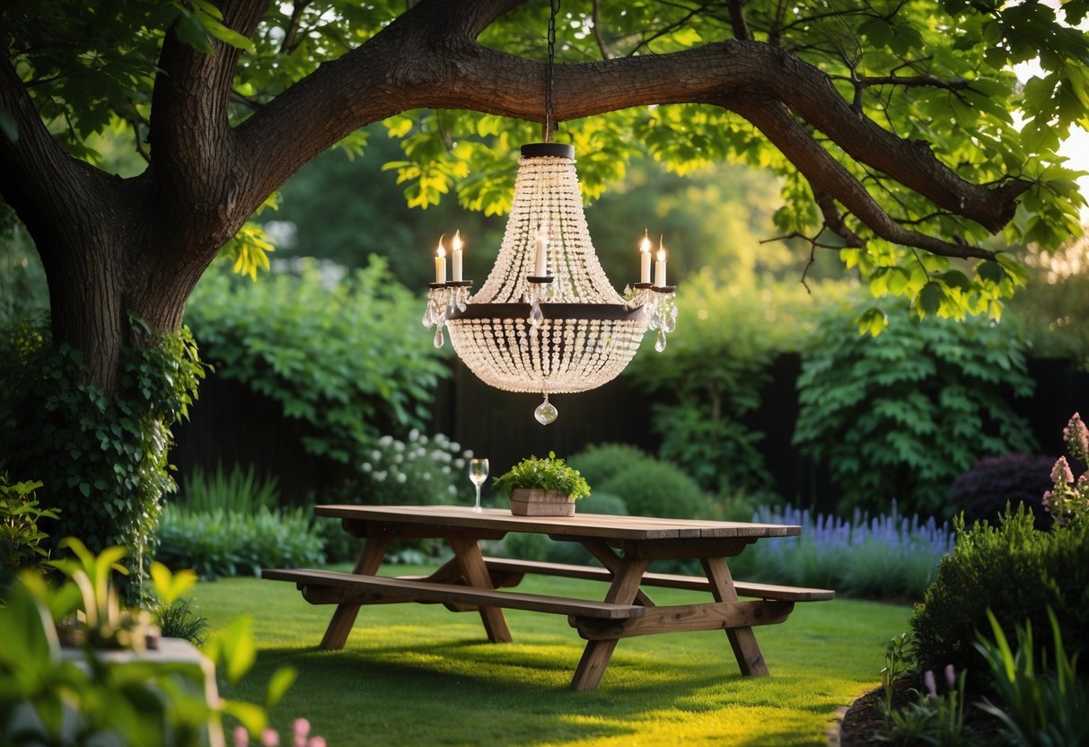 21+ Garden Ideas with Outdoor Chandeliers: Stunning Designs to Elevate Your US Backyard 4 A picnic table under a tree with a chandelier hanging above it in a green garden.