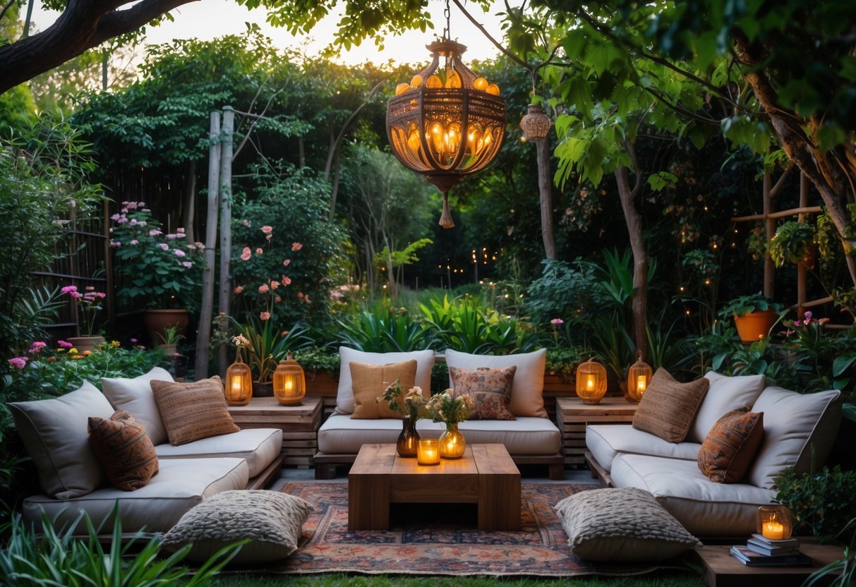 21+ Garden Ideas with Outdoor Chandeliers: Stunning Designs to Elevate Your US Backyard 5 Outdoor garden lounge area with comfortable seating, a wooden table, and a vintage chandelier hanging above surrounded by plants.
