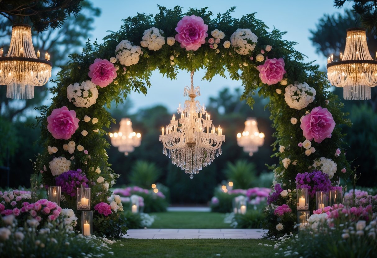 21+ Garden Ideas with Outdoor Chandeliers: Stunning Designs to Elevate Your US Backyard 6 Outdoor garden with a floral arch decorated with flowers and a chandelier hanging in the center, surrounded by additional chandeliers hanging from trees.