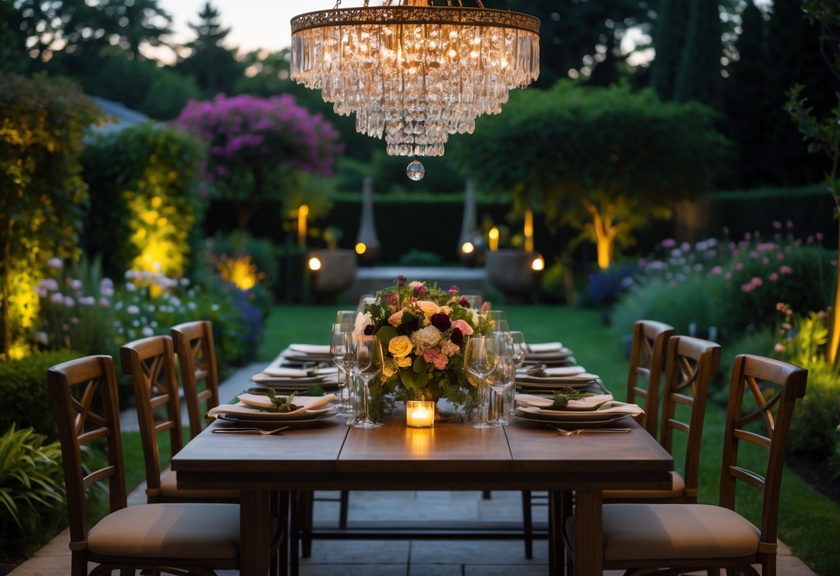 21+ Garden Ideas with Outdoor Chandeliers: Stunning Designs to Elevate Your US Backyard 7 Outdoor dining table with chairs under a crystal chandelier in a garden surrounded by plants and flowers.