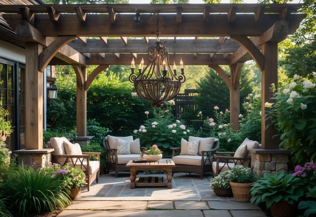 21+ Garden Ideas with Outdoor Chandeliers: Stunning Designs to Elevate Your US Backyard 8 A farmhouse patio with a wrought iron chandelier hanging above outdoor seating surrounded by plants.