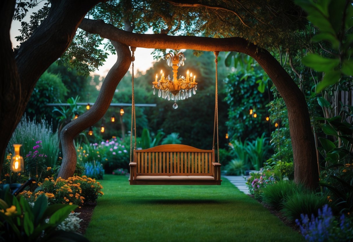 21+ Garden Ideas with Outdoor Chandeliers: Stunning Designs to Elevate Your US Backyard 9 A wooden garden swing hanging from tree branches with a glowing chandelier above, surrounded by lush plants and flowers.