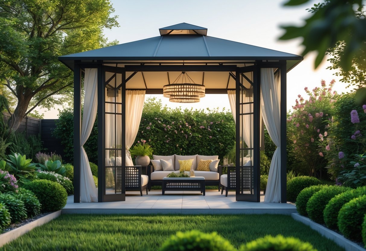 21+ Garden Ideas with Outdoor Chandeliers: Stunning Designs to Elevate Your US Backyard 10 An outdoor gazebo in a garden with a modern chandelier hanging from its ceiling surrounded by plants and greenery.