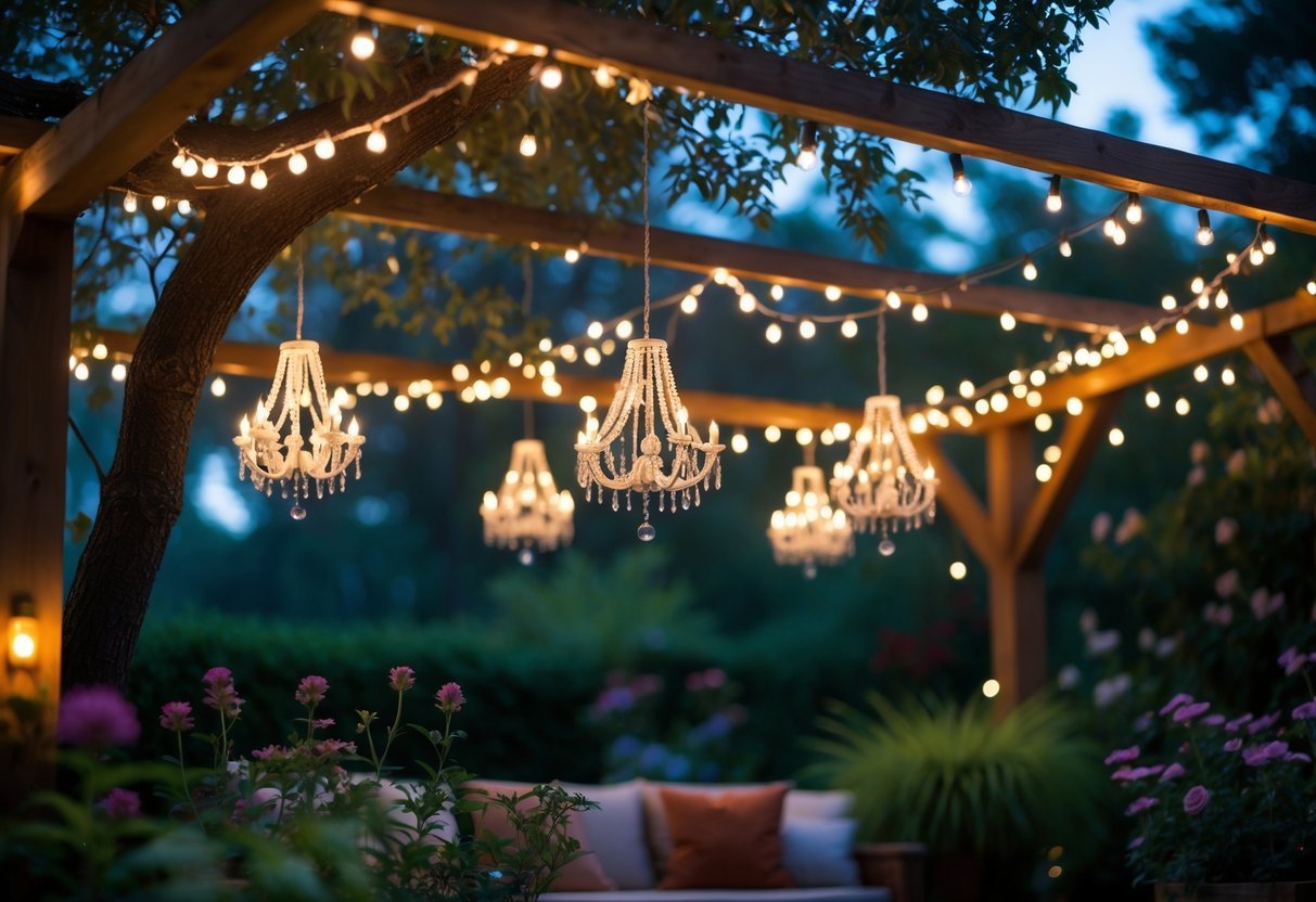 21+ Garden Ideas with Outdoor Chandeliers: Stunning Designs to Elevate Your US Backyard 11 An outdoor garden at dusk with a canopy of fairy lights and small chandeliers hanging above a cozy seating area surrounded by plants.