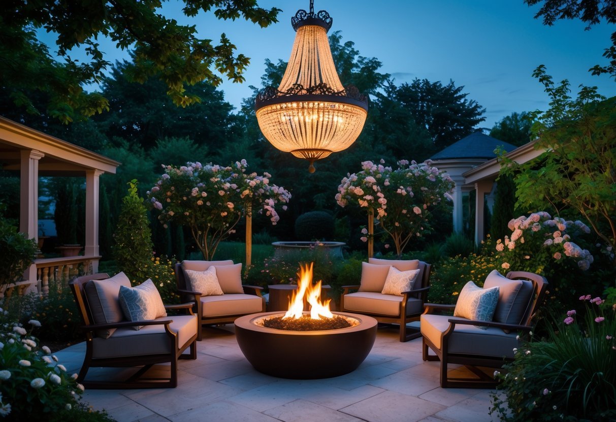 21+ Garden Ideas with Outdoor Chandeliers: Stunning Designs to Elevate Your US Backyard 12 Outdoor garden seating area with a fire pit and a chandelier hanging above it, surrounded by plants.