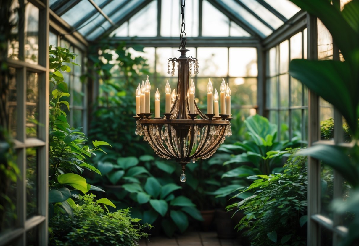 21+ Garden Ideas with Outdoor Chandeliers: Stunning Designs to Elevate Your US Backyard 13 A hanging chandelier suspended in a greenhouse nook surrounded by green plants and natural light.