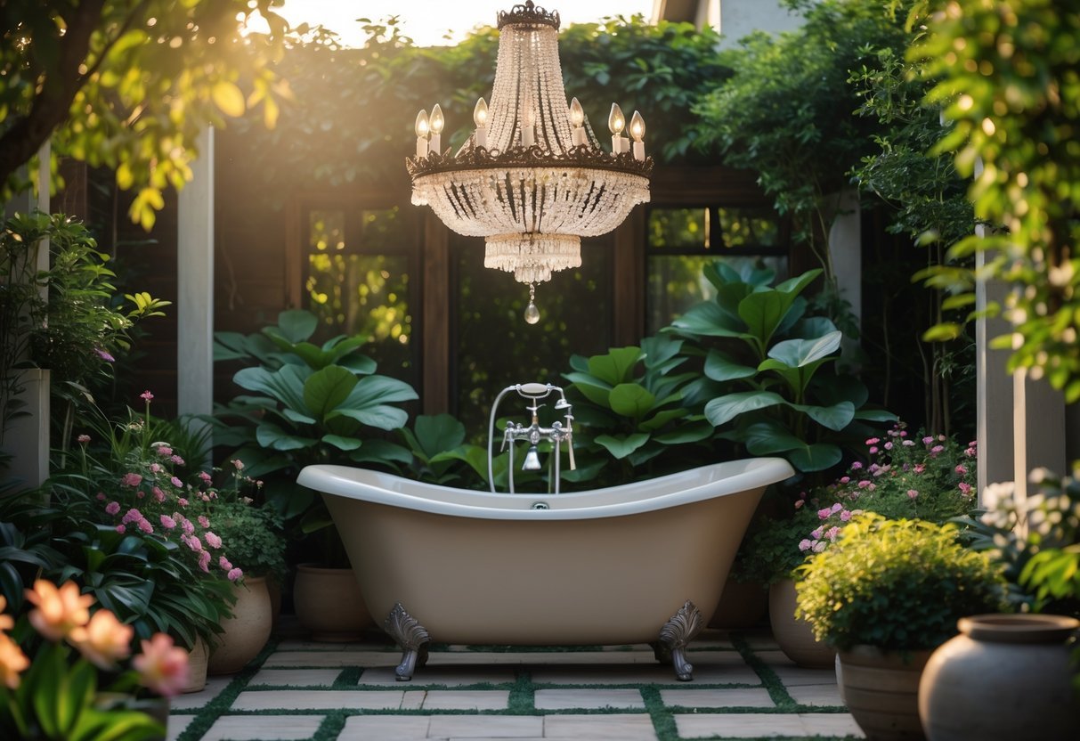 21+ Garden Ideas with Outdoor Chandeliers: Stunning Designs to Elevate Your US Backyard 14 An outdoor bathtub in a garden with a large chandelier hanging above, surrounded by green plants and flowers.