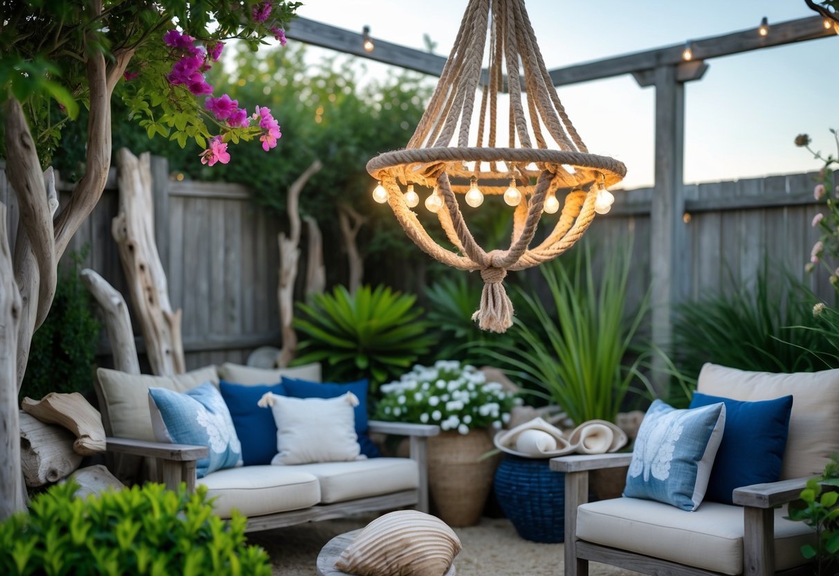 21+ Garden Ideas with Outdoor Chandeliers: Stunning Designs to Elevate Your US Backyard 15 Outdoor garden with coastal decorations and a rope chandelier hanging above wooden seating surrounded by plants.