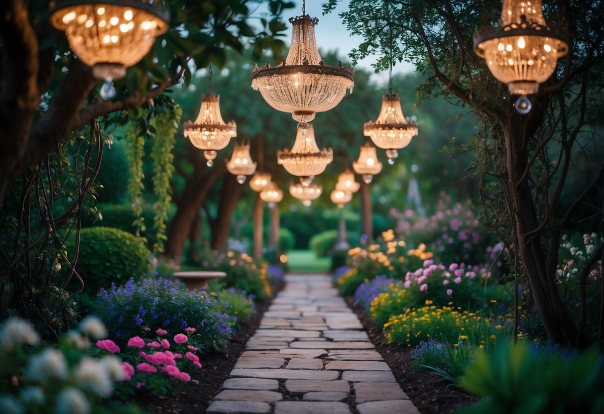 21+ Garden Ideas with Outdoor Chandeliers: Stunning Designs to Elevate Your US Backyard 16 A stone garden path surrounded by greenery and flowers with chandeliers hanging overhead, softly lighting the area.