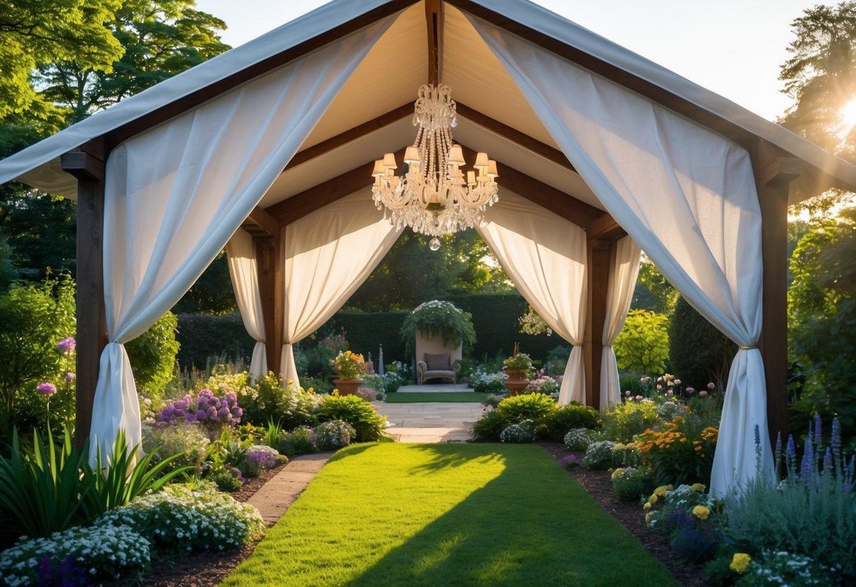 21+ Garden Ideas with Outdoor Chandeliers: Stunning Designs to Elevate Your US Backyard 17 A garden pavilion with white drapes and a hanging chandelier surrounded by green plants and flowers.