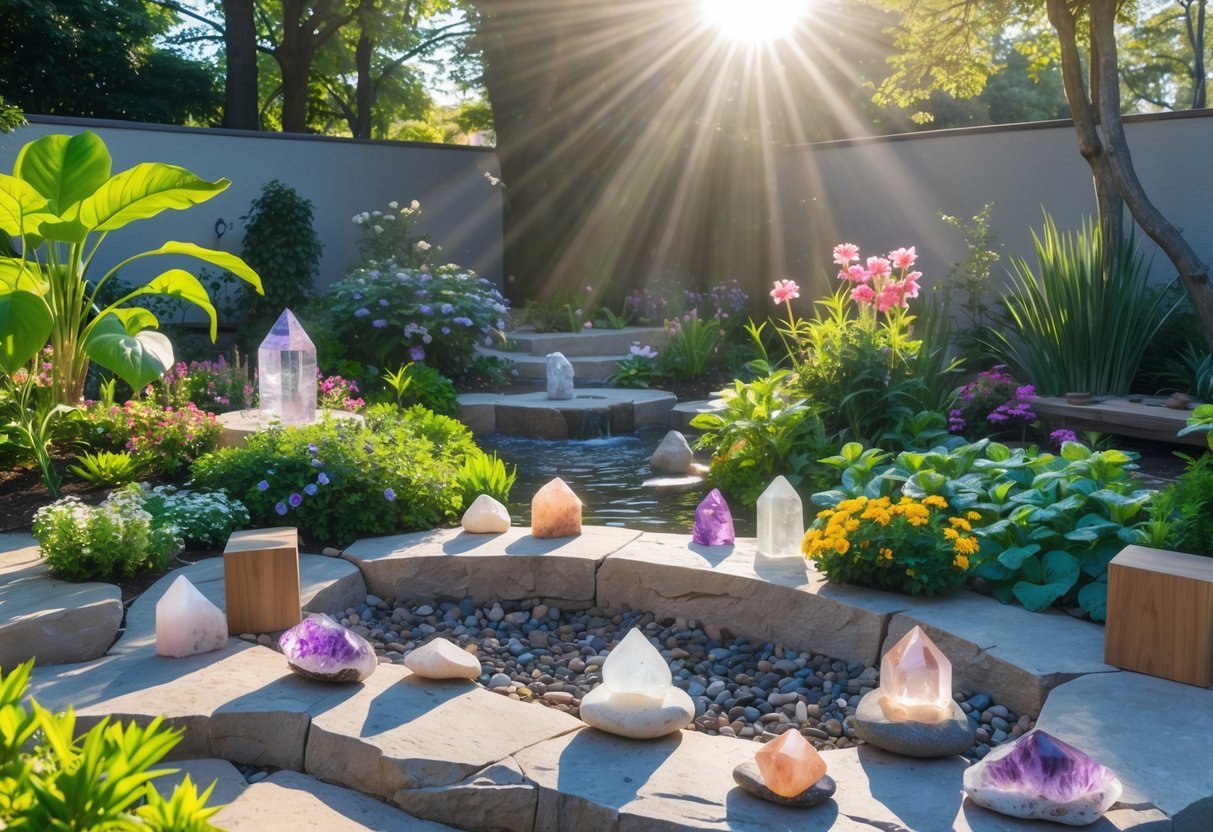 21+ Garden Ideas for Healing with Crystals: Powerful Designs to Transform Your US Backyard 2 A peaceful garden with green plants, colorful flowers, polished healing crystals, and a small water fountain under sunlight.