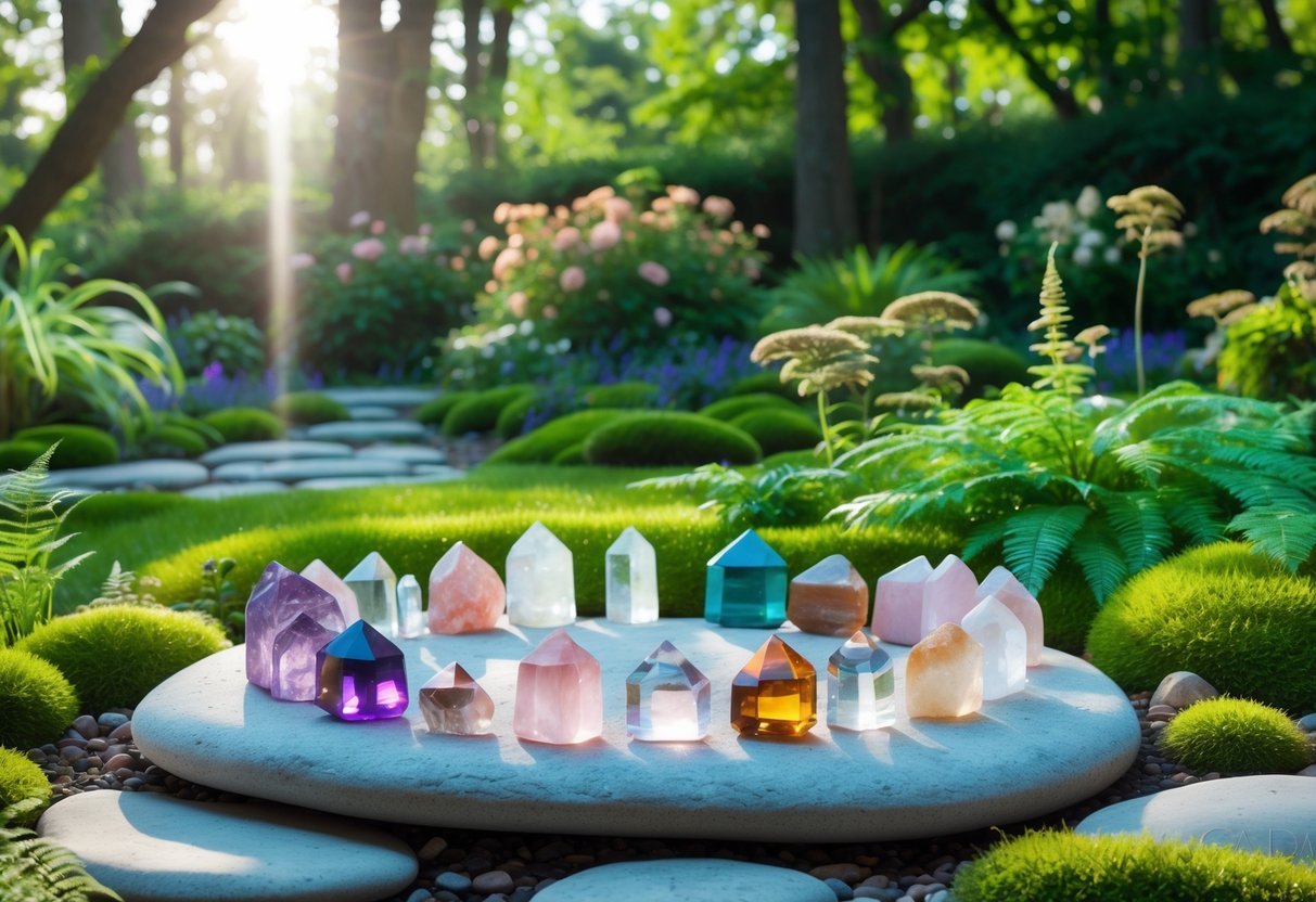 21+ Garden Ideas for Healing with Crystals: Powerful Designs to Transform Your US Backyard 3 A peaceful garden with a circle of healing crystals arranged on stones surrounded by greenery and flowers.
