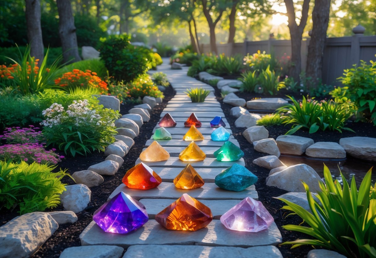 21+ Garden Ideas for Healing with Crystals: Powerful Designs to Transform Your US Backyard 4 A peaceful garden path lined with colorful crystals representing the seven chakras, surrounded by greenery and flowers.