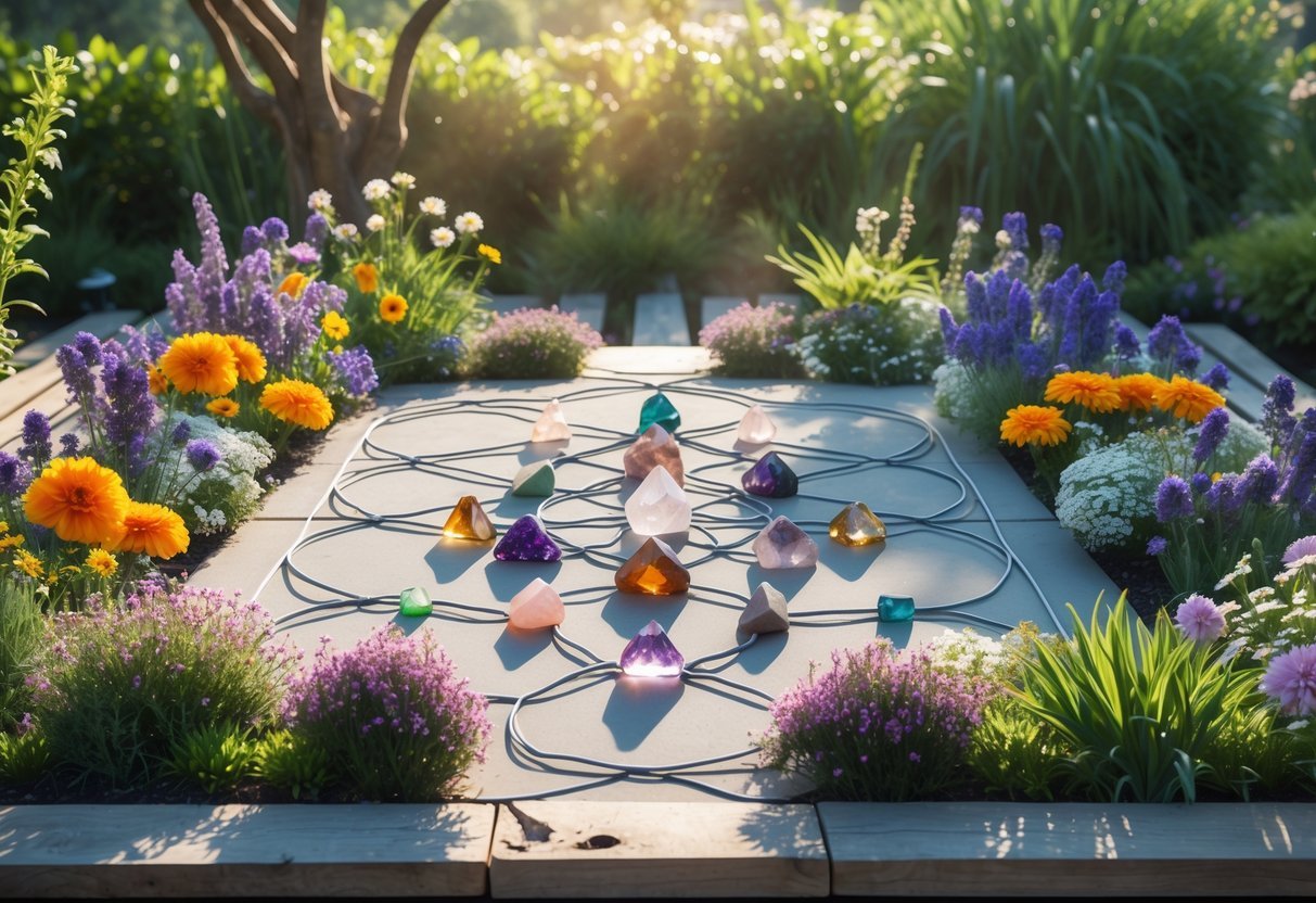 21+ Garden Ideas for Healing with Crystals: Powerful Designs to Transform Your US Backyard 5 A peaceful garden flower bed with colorful flowers surrounding a geometric arrangement of healing crystals on natural stone.