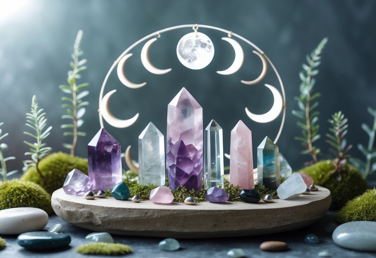 21+ Garden Ideas for Healing with Crystals: Powerful Designs to Transform Your US Backyard 6 A peaceful garden scene with various healing crystals arranged among plants and stones, featuring subtle moon phase symbols in the background.