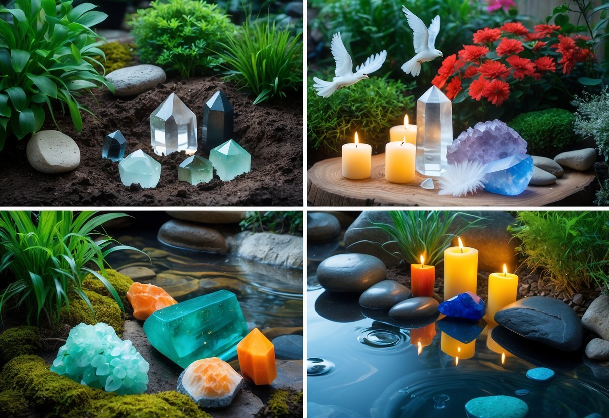 21+ Garden Ideas for Healing with Crystals: Powerful Designs to Transform Your US Backyard 7 A garden with four distinct corners featuring plants and crystals representing Earth, Air, Fire, and Water elements arranged for healing.