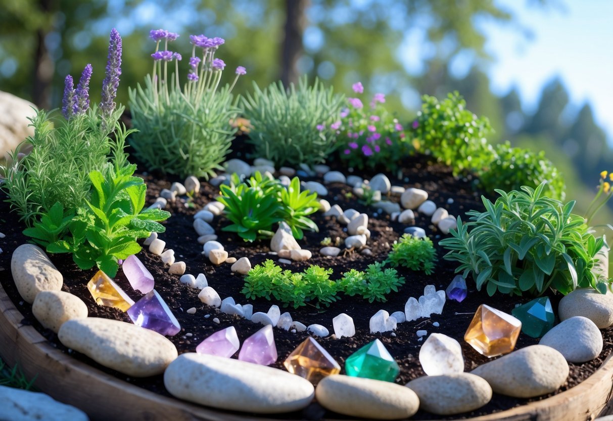 21+ Garden Ideas for Healing with Crystals: Powerful Designs to Transform Your US Backyard 8 A spiral-shaped garden bed filled with green healing herbs and colorful crystals placed among the plants outdoors in natural sunlight.