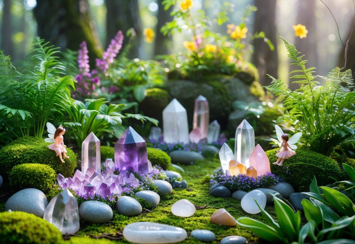 21+ Garden Ideas for Healing with Crystals: Powerful Designs to Transform Your US Backyard 9 A peaceful garden scene with colorful flowers, green plants, polished healing crystals, and small fairy figurines nestled among the foliage.