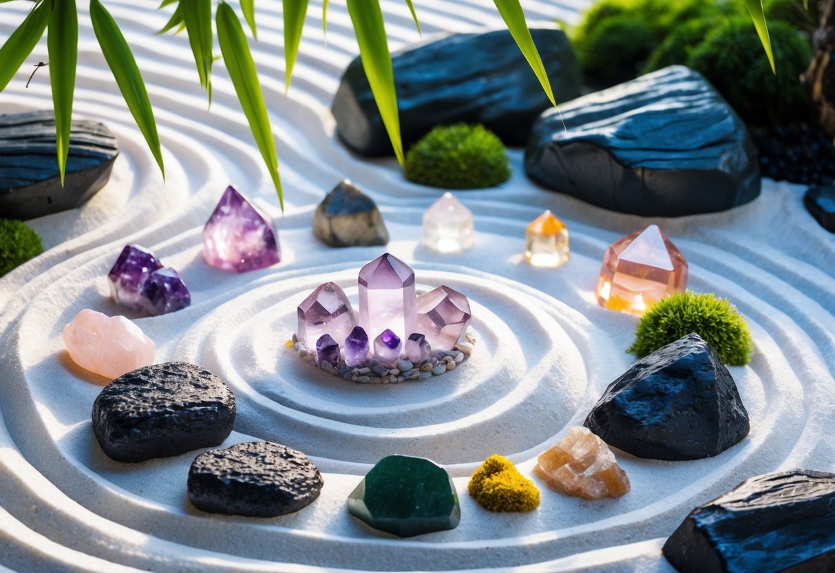 21+ Garden Ideas for Healing with Crystals: Powerful Designs to Transform Your US Backyard 10 A peaceful zen rock garden with white sand, various healing crystals, dark stones, and green moss under soft sunlight.