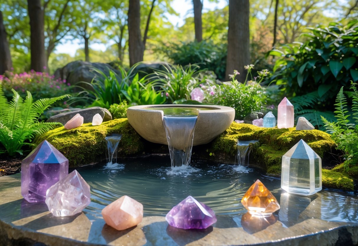 21+ Garden Ideas for Healing with Crystals: Powerful Designs to Transform Your US Backyard 11 A peaceful garden with a stone water fountain surrounded by healing crystals, plants, and flowers.