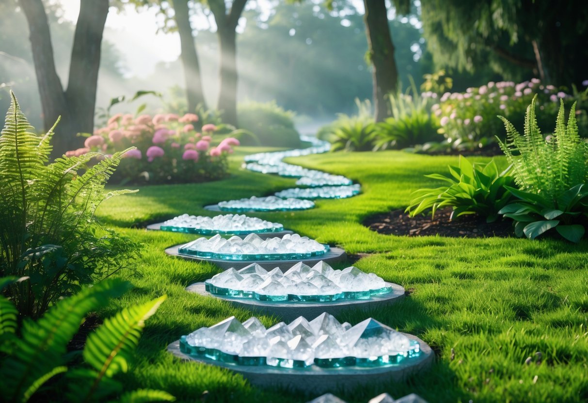 21+ Garden Ideas for Healing with Crystals: Powerful Designs to Transform Your US Backyard 12 A garden pathway with stepping stones lined with quartz crystals surrounded by green grass and flowering plants.