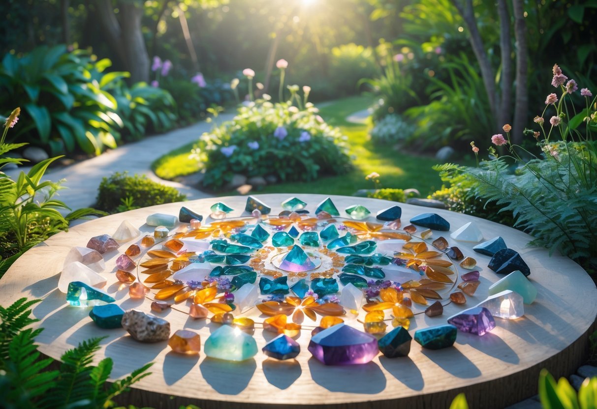 21+ Garden Ideas for Healing with Crystals: Powerful Designs to Transform Your US Backyard 13 A crystal mandala centerpiece arranged in a peaceful garden surrounded by green plants and flowers.