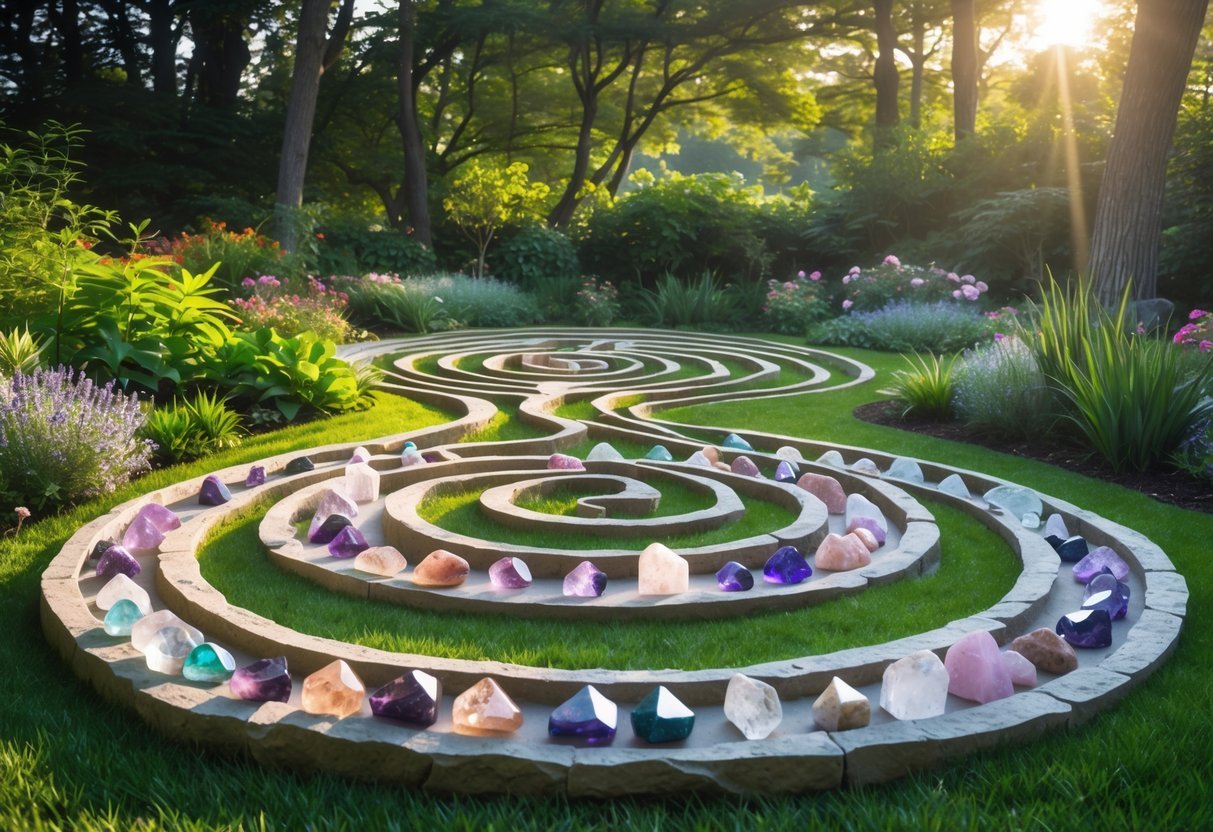 21+ Garden Ideas for Healing with Crystals: Powerful Designs to Transform Your US Backyard 15 A peaceful outdoor labyrinth garden with stone paths lined by colorful crystals, surrounded by green plants and trees.