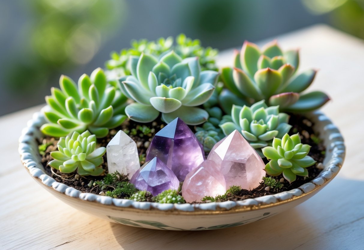 21+ Garden Ideas for Healing with Crystals: Powerful Designs to Transform Your US Backyard 16 A small dish garden with green succulents and polished healing crystals arranged on a wooden surface.