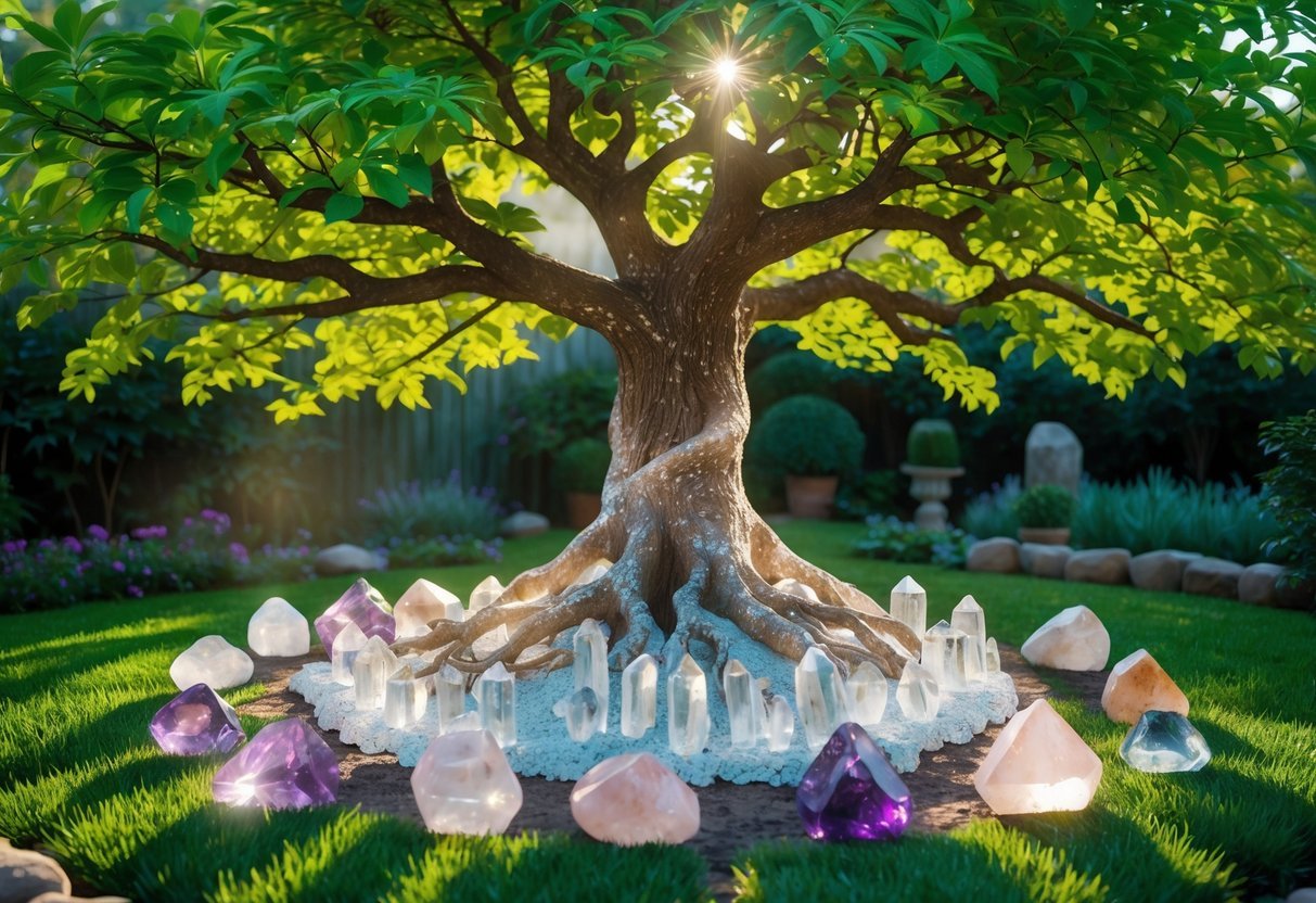 21+ Garden Ideas for Healing with Crystals: Powerful Designs to Transform Your US Backyard 17 A large tree with crystal roots in a peaceful garden surrounded by healing crystals and greenery.