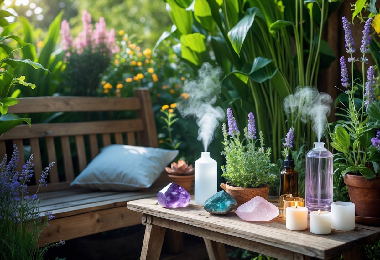 21+ Garden Ideas for Healing with Crystals: Powerful Designs to Transform Your US Backyard 18 A peaceful garden nook with a wooden bench, healing crystals on a small table, essential oil diffusers, candles, and surrounding green plants and flowers.