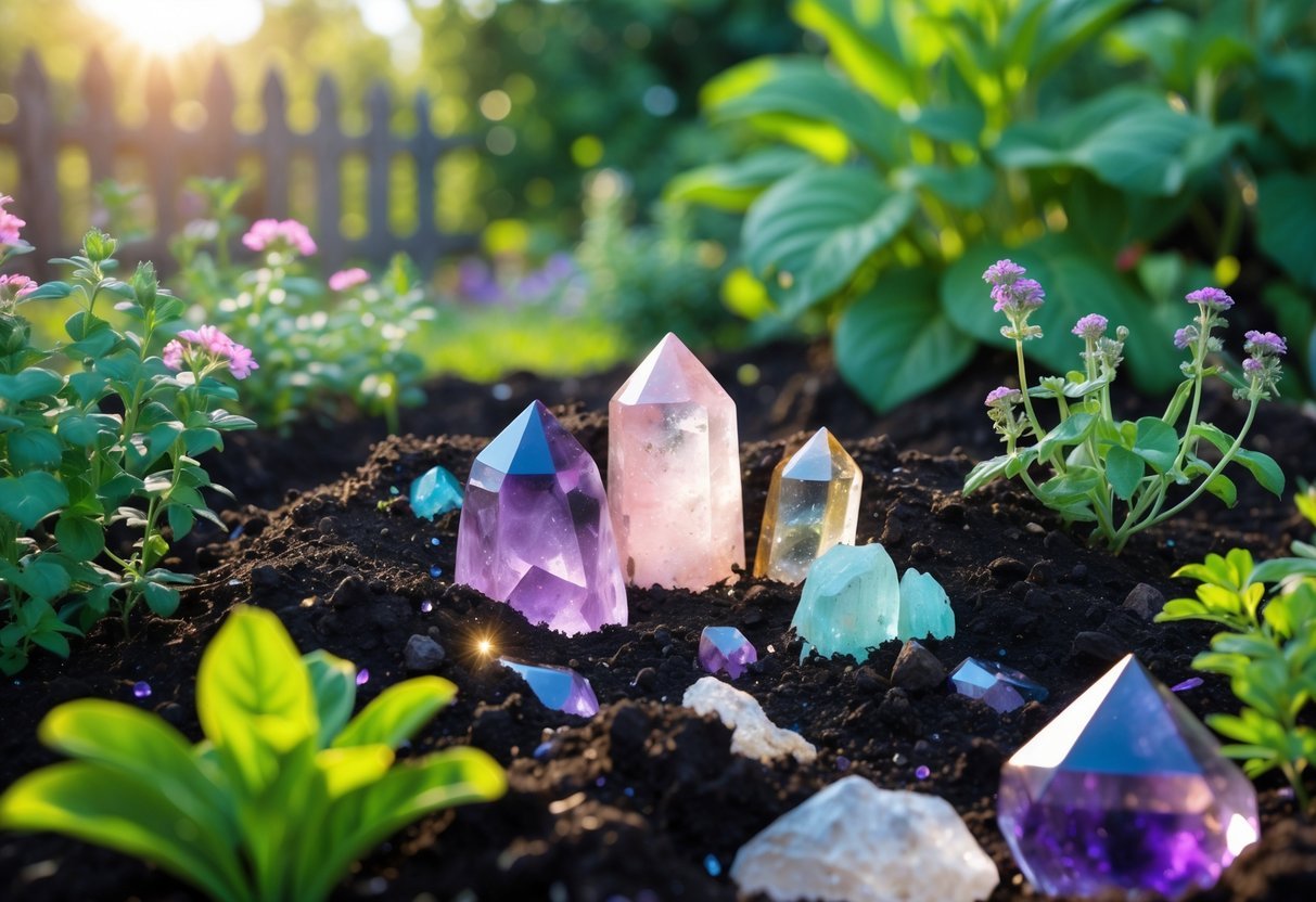 21+ Garden Ideas for Healing with Crystals: Powerful Designs to Transform Your US Backyard 19 A garden bed with dark soil containing colorful healing crystals surrounded by green plants and flowers in natural sunlight.