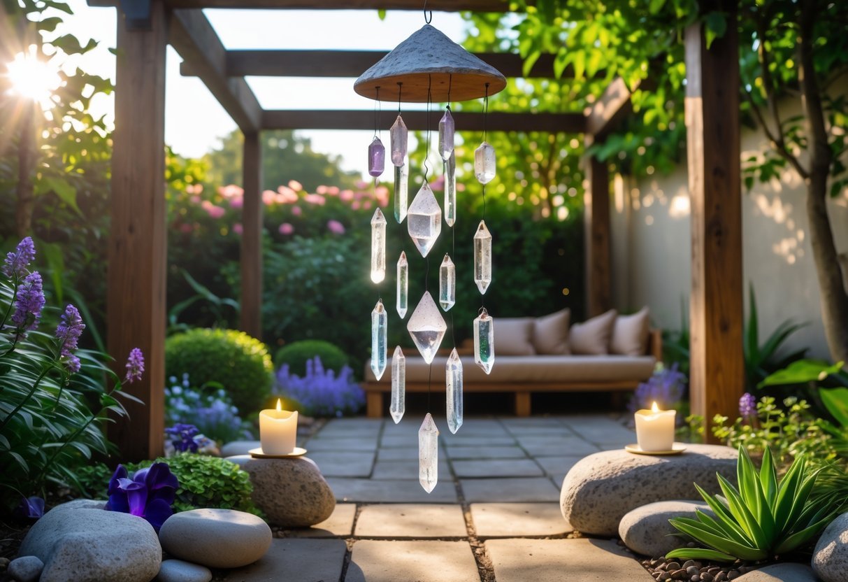 21+ Garden Ideas for Healing with Crystals: Powerful Designs to Transform Your US Backyard 20 A peaceful garden space with a crystal wind chime hanging from a wooden pergola surrounded by plants and stones, with a seating area and healing crystals nearby.