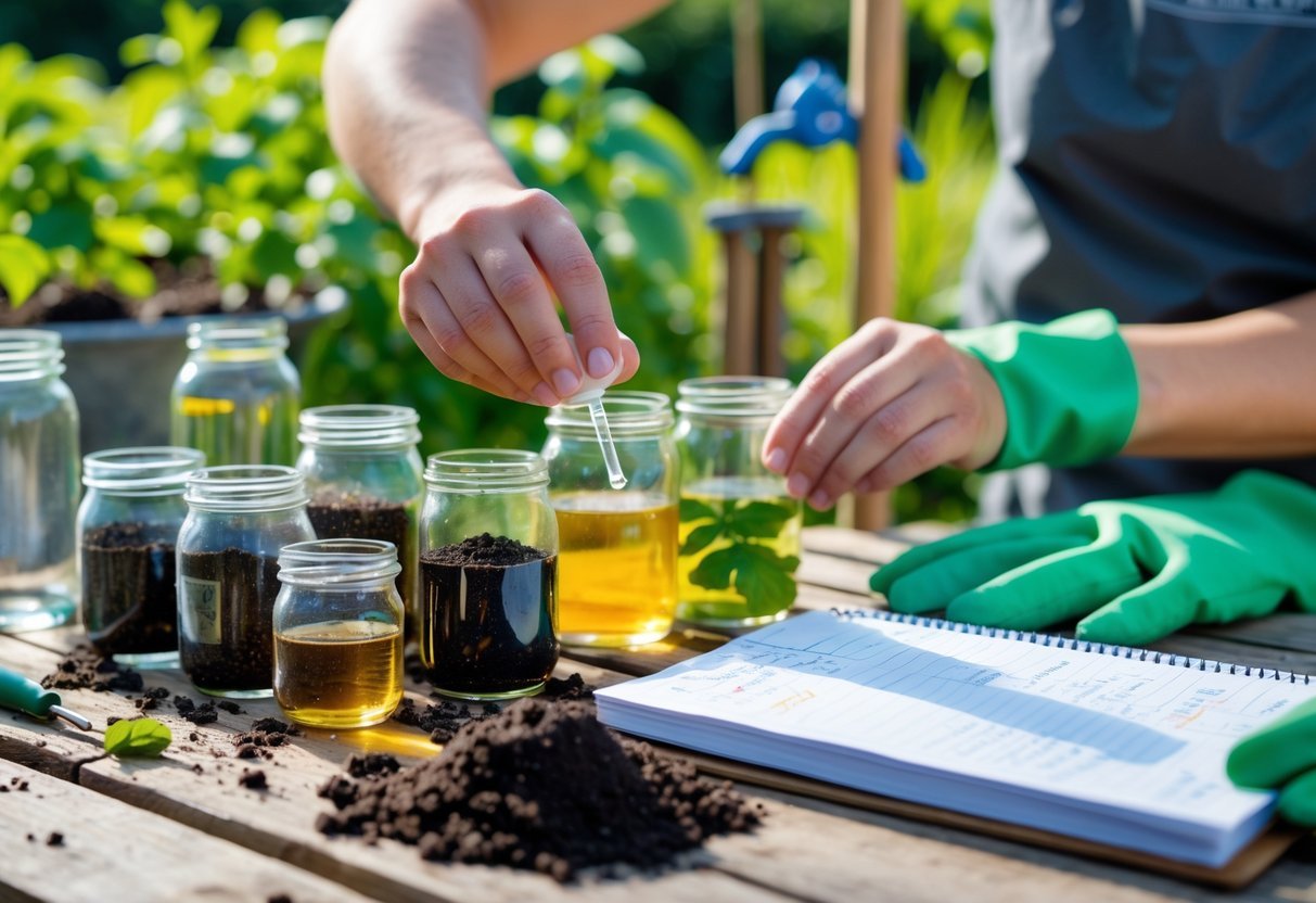 11+ DIY Soil Testing Ideas for US Gardeners to Boost Plant Health Quickly 2 Hands conducting a DIY soil testing experiment with jars, soil samples, and gardening tools on a wooden table in a garden.
