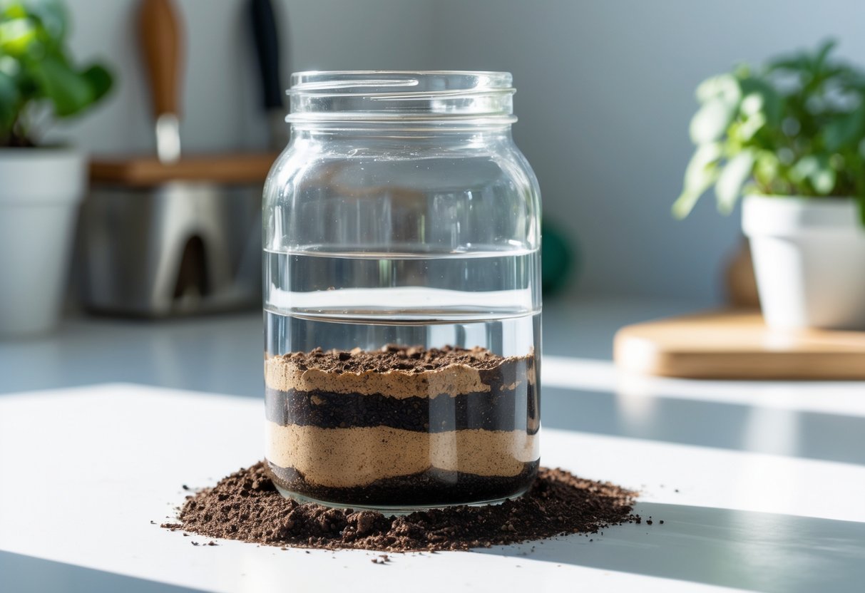 11+ DIY Soil Testing Ideas for US Gardeners to Boost Plant Health Quickly 3 A clear glass jar filled with water and soil showing sediment layers settling on a white surface with gardening tools and a small plant in the background.