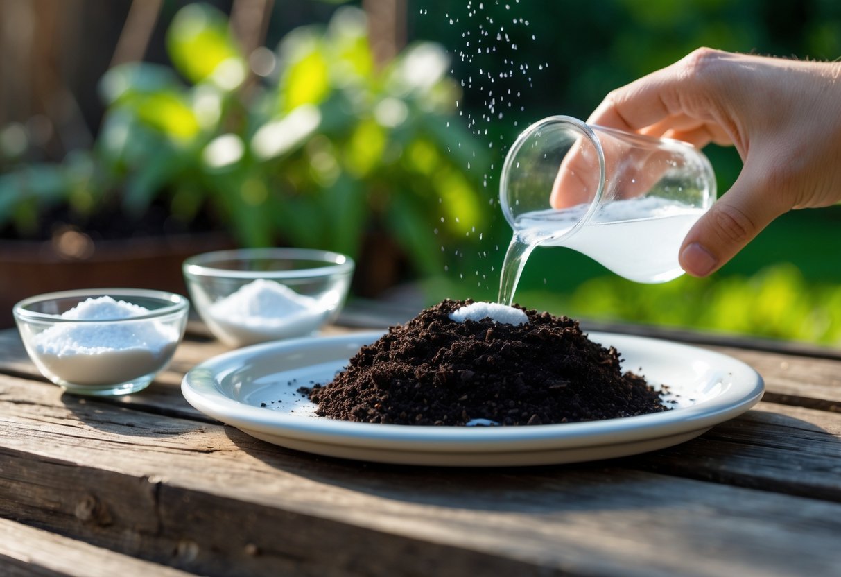 11+ DIY Soil Testing Ideas for US Gardeners to Boost Plant Health Quickly 4 Hands performing a soil pH test using vinegar and baking soda on a wooden table outdoors with garden soil and small glass bowls.