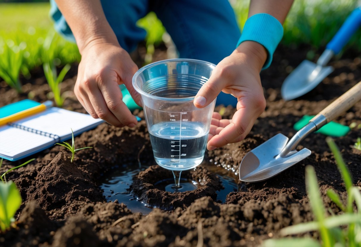 11+ DIY Soil Testing Ideas for US Gardeners to Boost Plant Health Quickly 5 Hands conducting a soil drainage test outdoors with gardening tools and a measuring container near a small hole in the ground.