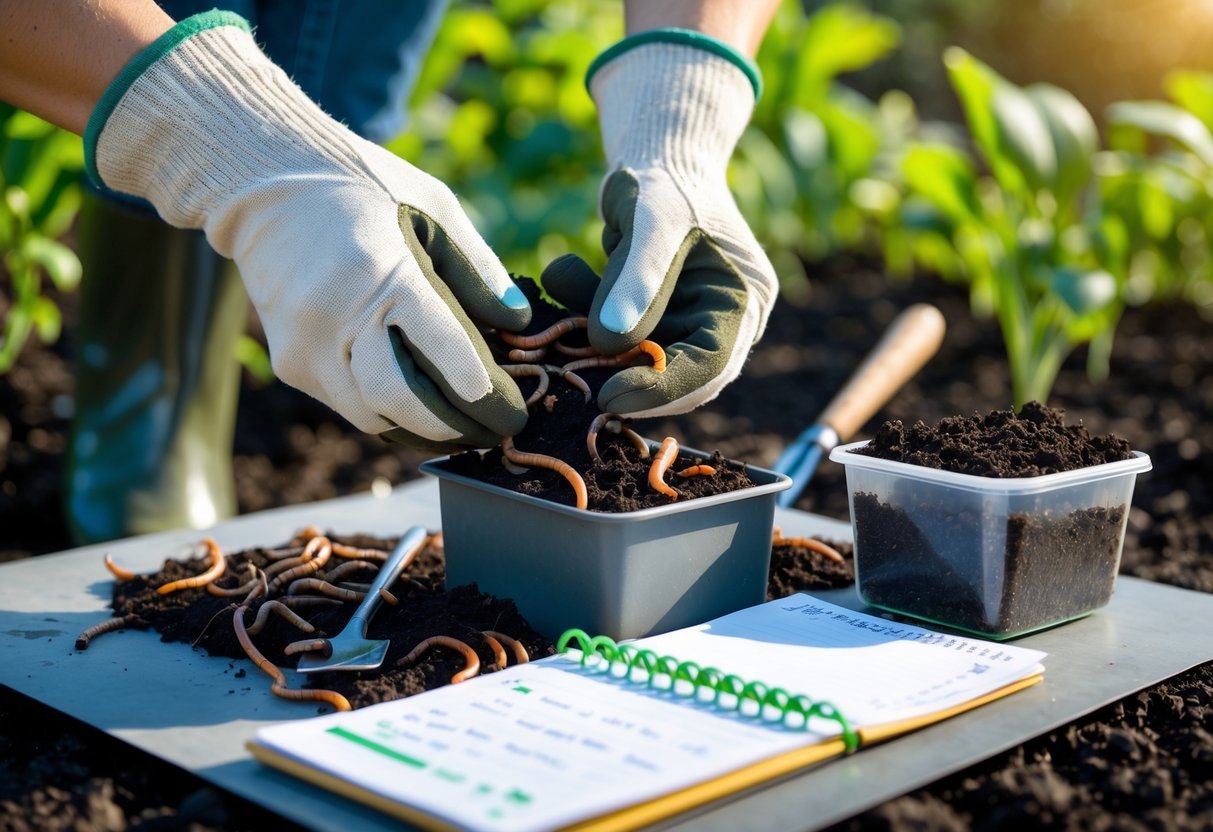 11+ DIY Soil Testing Ideas for US Gardeners to Boost Plant Health Quickly 6 Hands counting earthworms on soil with gardening tools and plants in the background.