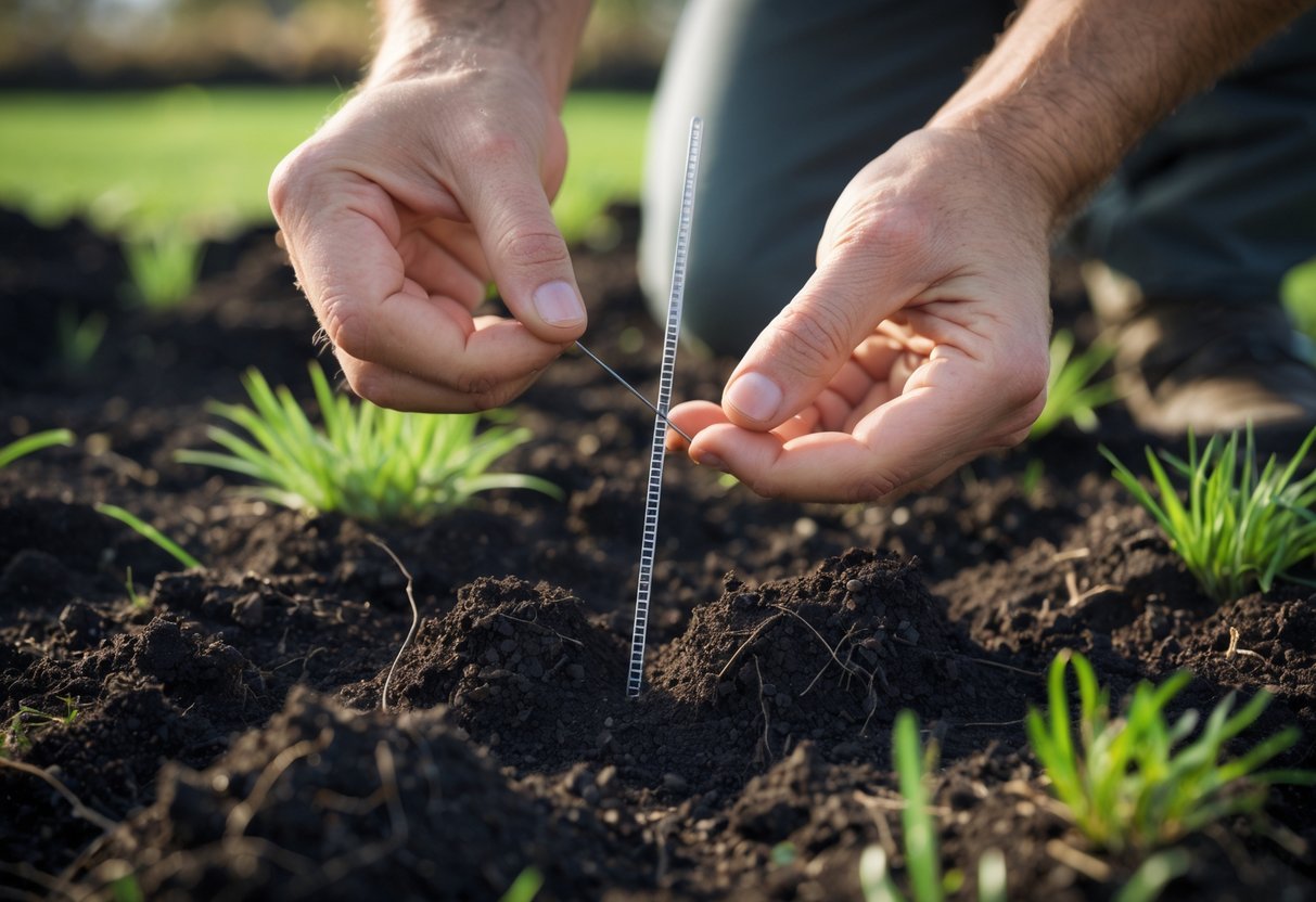 11+ DIY Soil Testing Ideas for US Gardeners to Boost Plant Health Quickly 7 Hands inserting a wire rod into soil outdoors to test soil compaction.