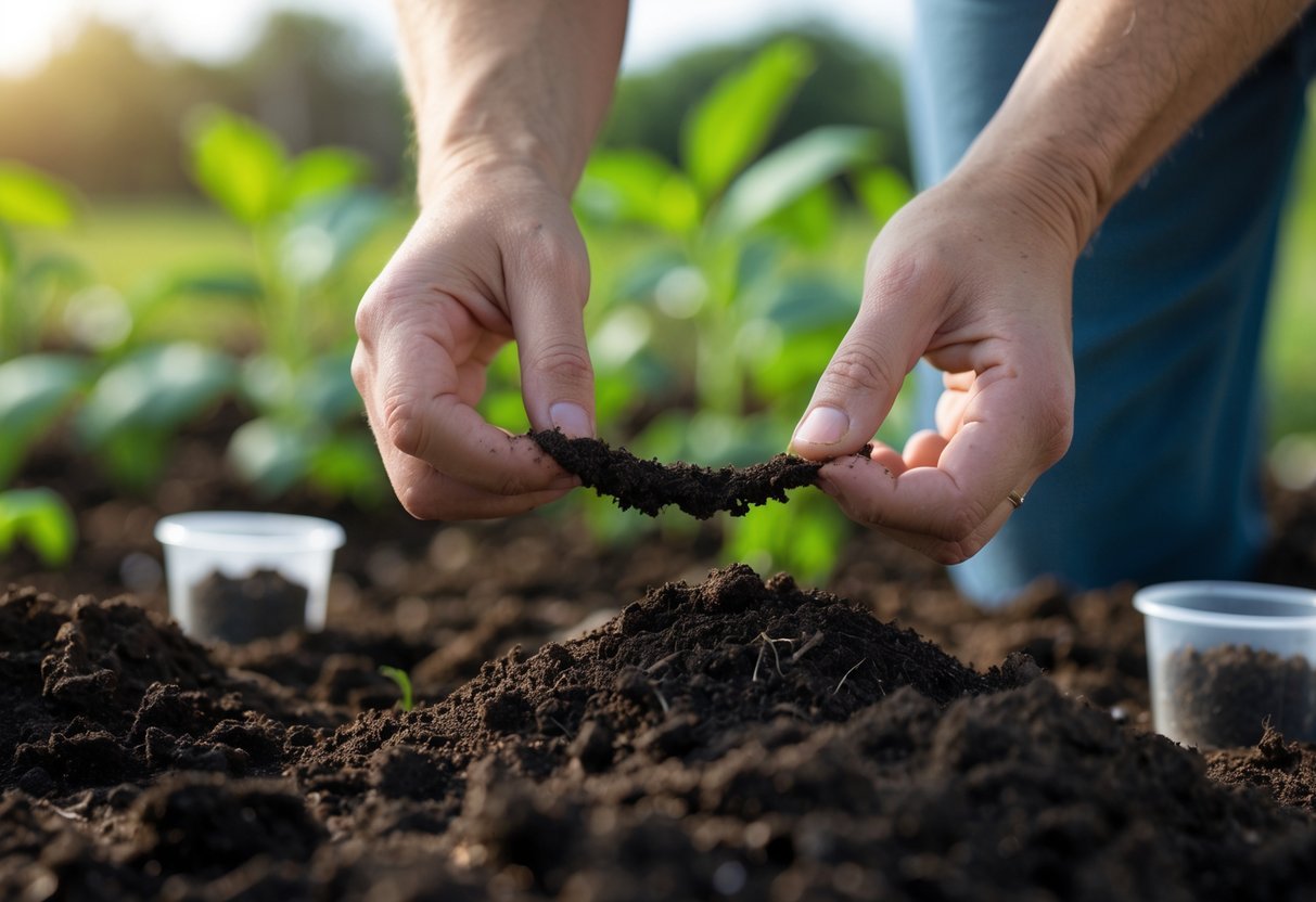 11+ DIY Soil Testing Ideas for US Gardeners to Boost Plant Health Quickly 8 Hands rolling moist soil into a thin ribbon outdoors with soil samples and plants in the background.
