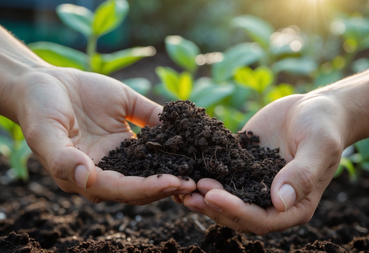 11+ DIY Soil Testing Ideas for US Gardeners to Boost Plant Health Quickly 9 Hands holding and smelling dark soil outdoors in a garden setting.