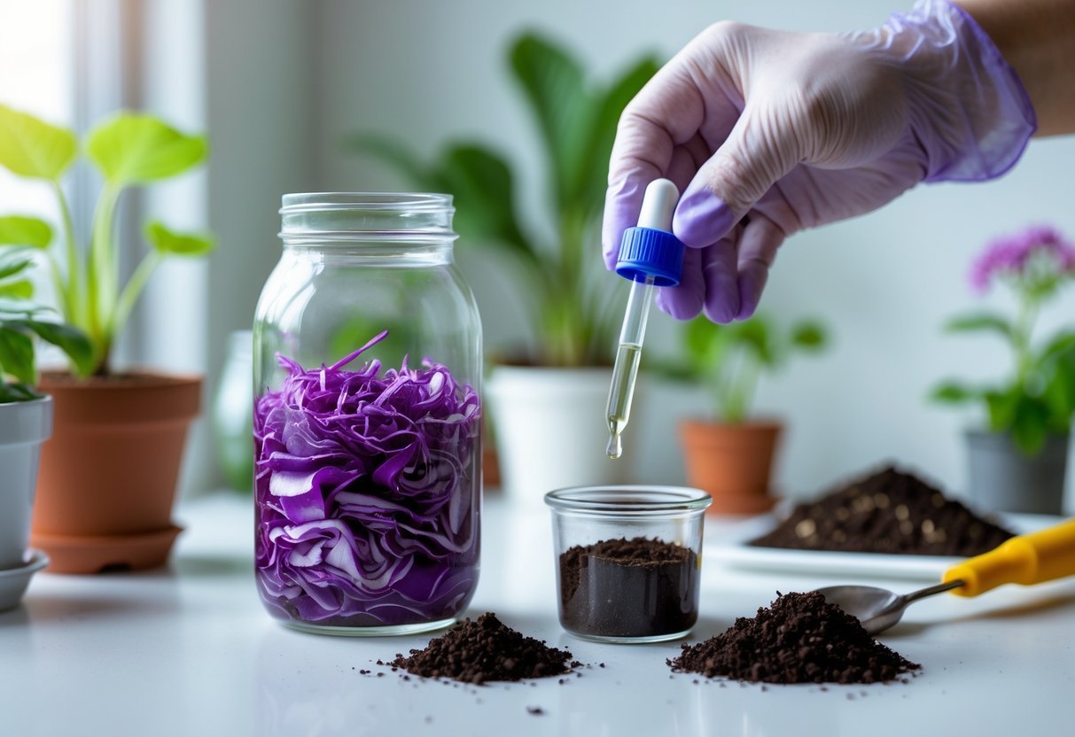 11+ DIY Soil Testing Ideas for US Gardeners to Boost Plant Health Quickly 10 A person performing a DIY nitrate test using red cabbage extract and soil samples on a clean workspace.