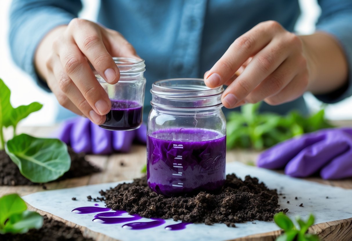 11+ DIY Soil Testing Ideas for US Gardeners to Boost Plant Health Quickly 11 Hands holding a jar of purple cabbage juice next to soil with drops of the juice applied, surrounded by gardening tools and green leaves on a wooden surface.