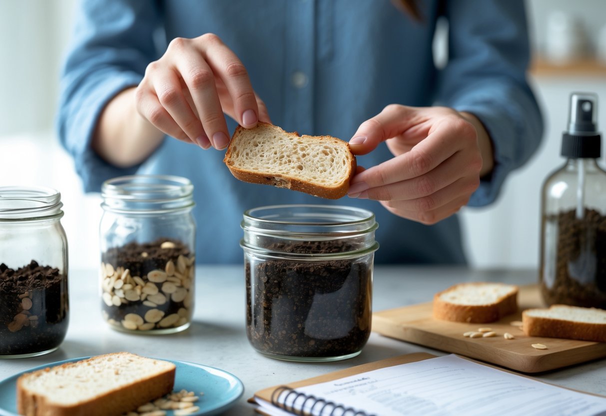 11+ DIY Soil Testing Ideas for US Gardeners to Boost Plant Health Quickly 12 Hands placing bread or oatmeal on moist soil in a glass jar for a DIY soil microbe activity test on a clean workspace with soil samples and a notebook nearby.