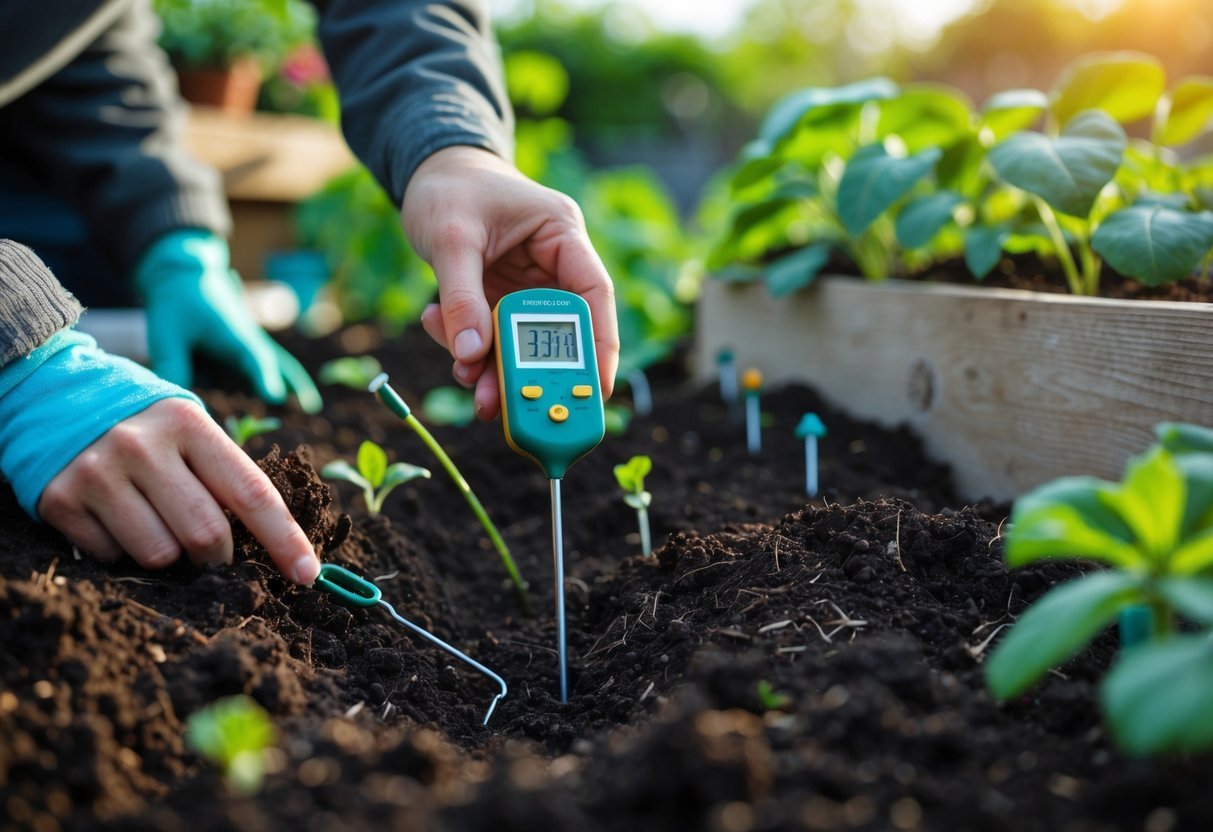 11+ DIY Soil Testing Ideas for US Gardeners to Boost Plant Health Quickly 13 Hands inserting a digital soil thermometer into garden soil surrounded by plants and gardening tools.