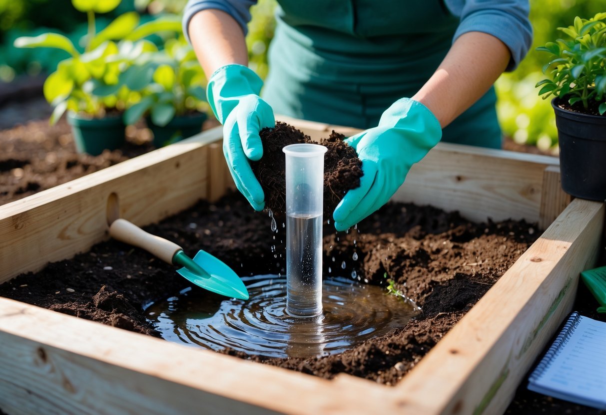 11+ DIY Soil Testing Ideas for US Gardeners to Boost Plant Health Quickly 14 Hands performing a percolation test by pouring water into a cylinder placed in soil inside a wooden raised garden bed outdoors.