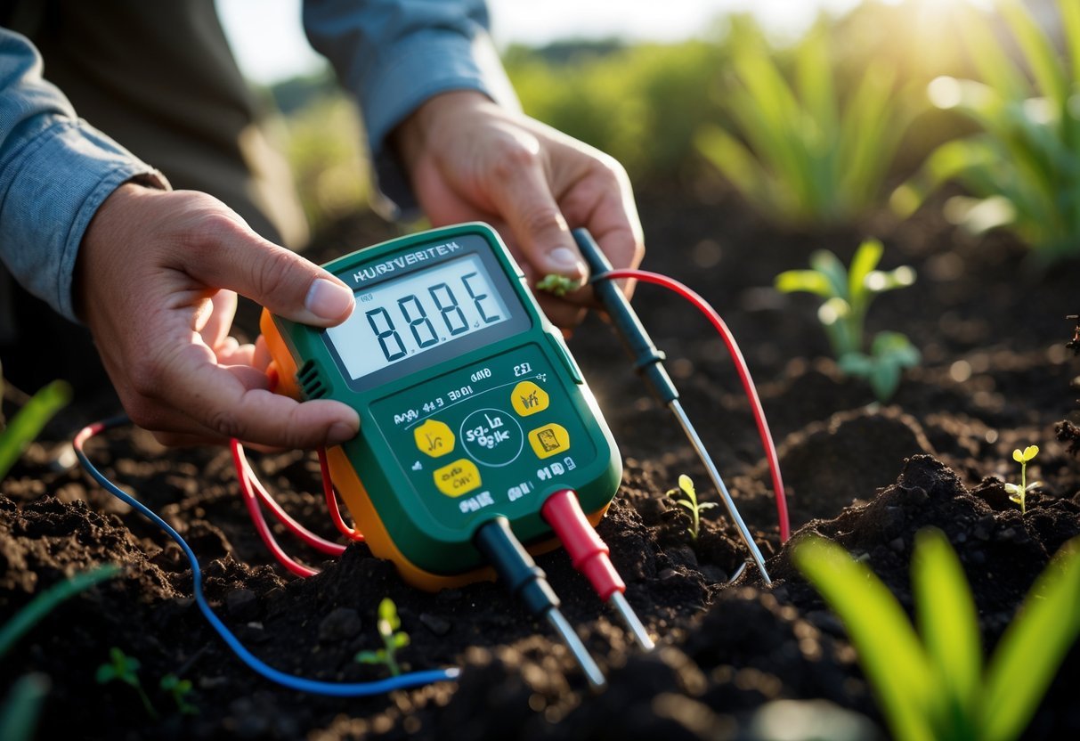 11+ DIY Soil Testing Ideas for US Gardeners to Boost Plant Health Quickly 15 Hands holding a digital multimeter with probes inserted into soil outdoors, testing soil salinity.