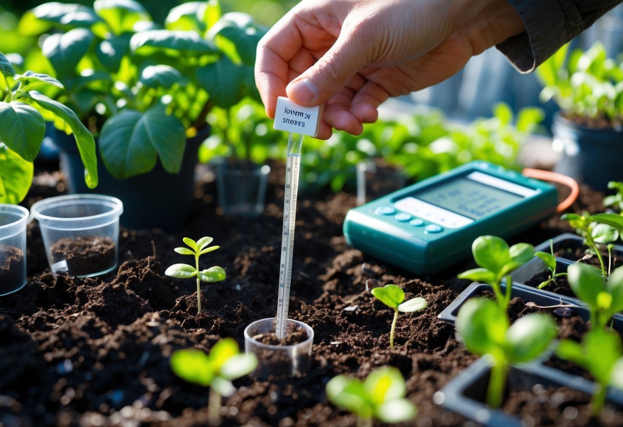 11+ DIY Soil Testing Ideas for US Gardeners to Boost Plant Health Quickly 16 Close-up of a hand holding a homemade soil moisture sensor probe inserted into soil with plants around, and a digital meter nearby in a garden setting.