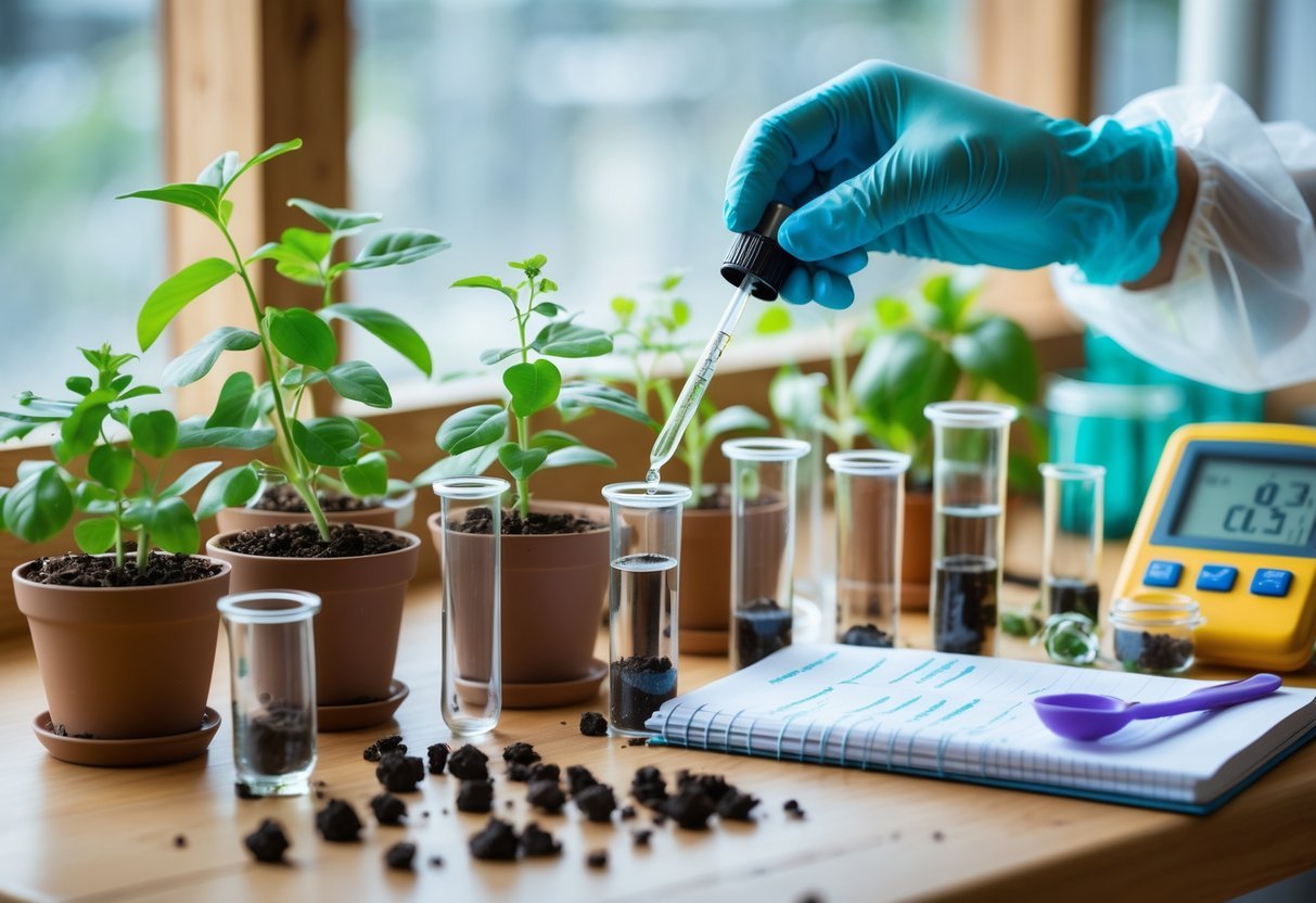 11+ DIY Soil Testing Ideas for US Gardeners to Boost Plant Health Quickly 17 Person conducting a DIY plant bioassay soil test with potted plants, soil samples, and scientific tools on a wooden table.